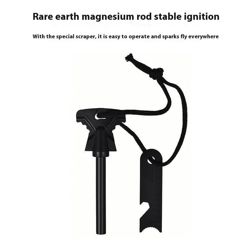 Butterfly-shaped stainless steel survival tool with a fire starter rod and integrated bottle opener.