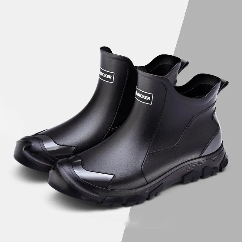 Men's short casual rubber boots in beige with a flat non-slip sole, shown on a plain background.