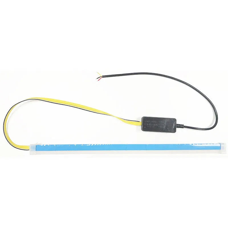Flexible silicone car LED strip light showing daytime running light and flowing turn signal function in blue to yellow colour.