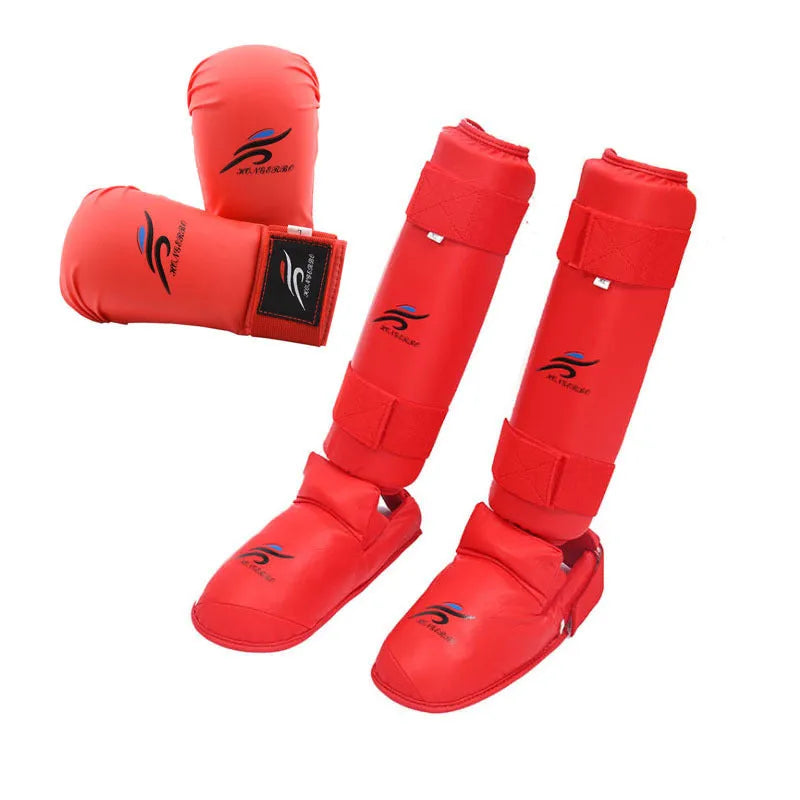 Karate and taekwondo protective gear set with leg guard, helmet, and boxing gloves in red or blue
