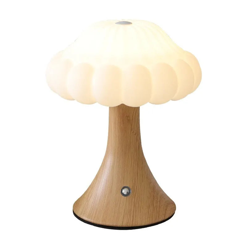 Mushroom-shaped touch lamp with USB charging in wood grain colour