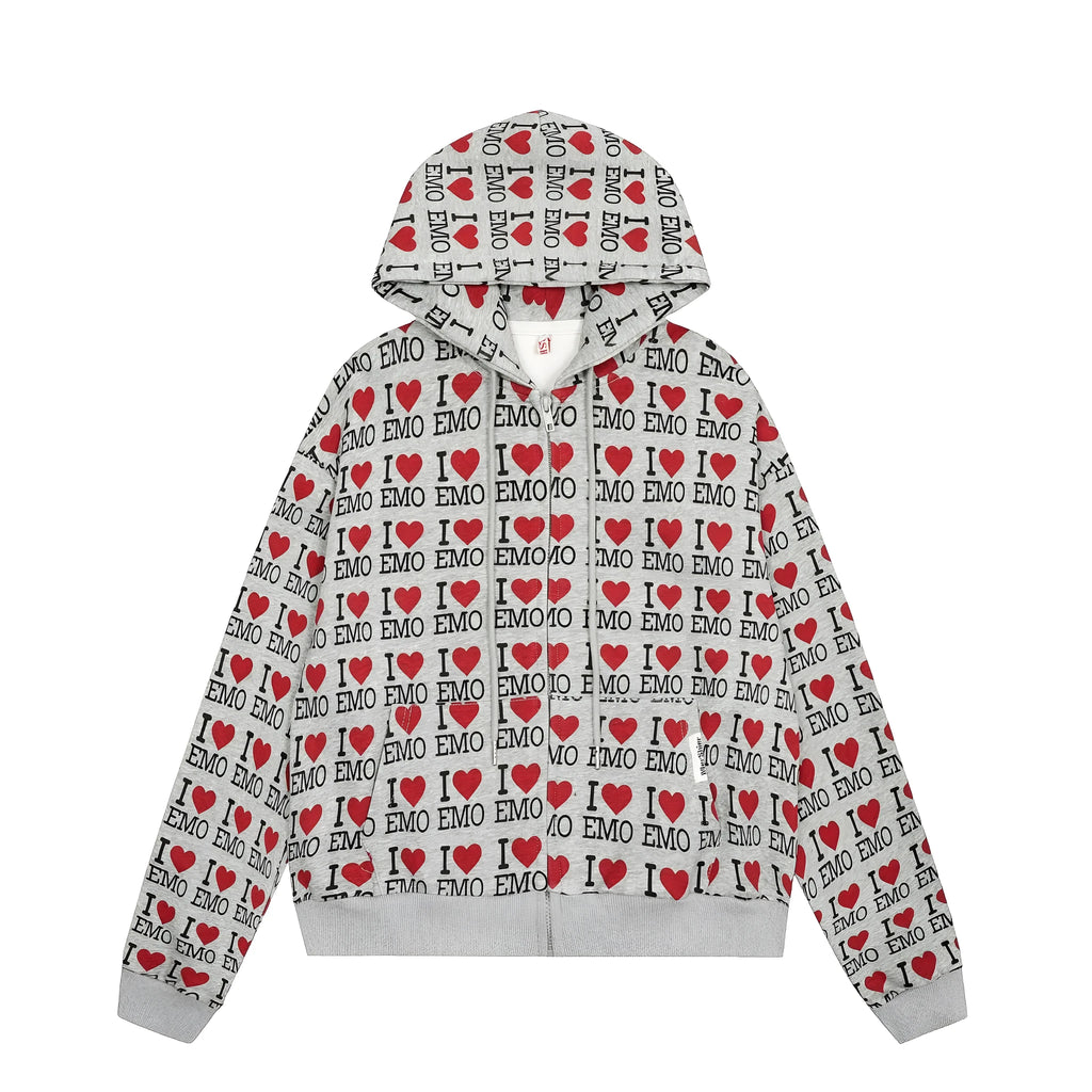 Women's melange grey cotton hooded cardigan with retro pattern and long sleeves