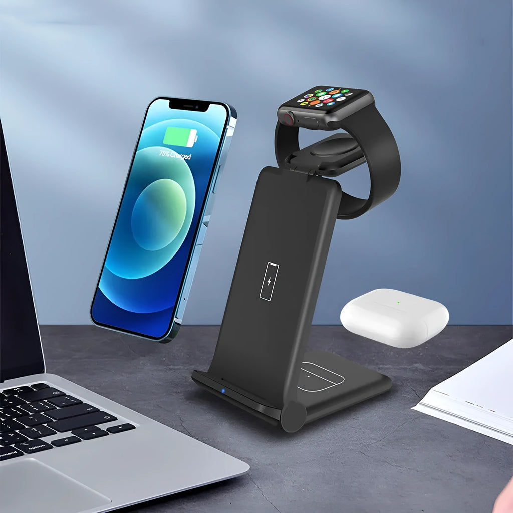 White 3-in-1 wireless charging station holding an iPhone upright, with an Apple Watch and AirPods on charging pads.