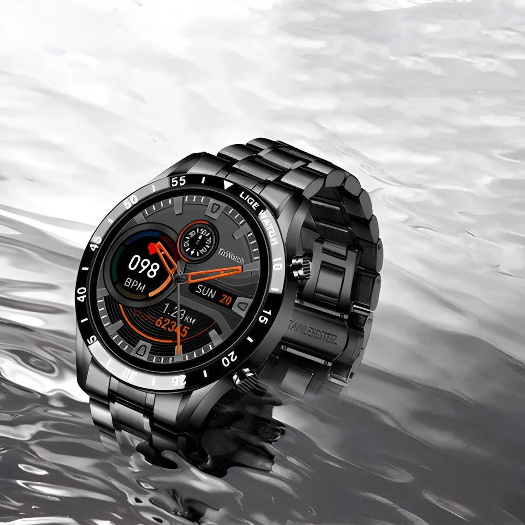 Stainless steel smart watch with 1.3-inch display showing step counting data on wrist