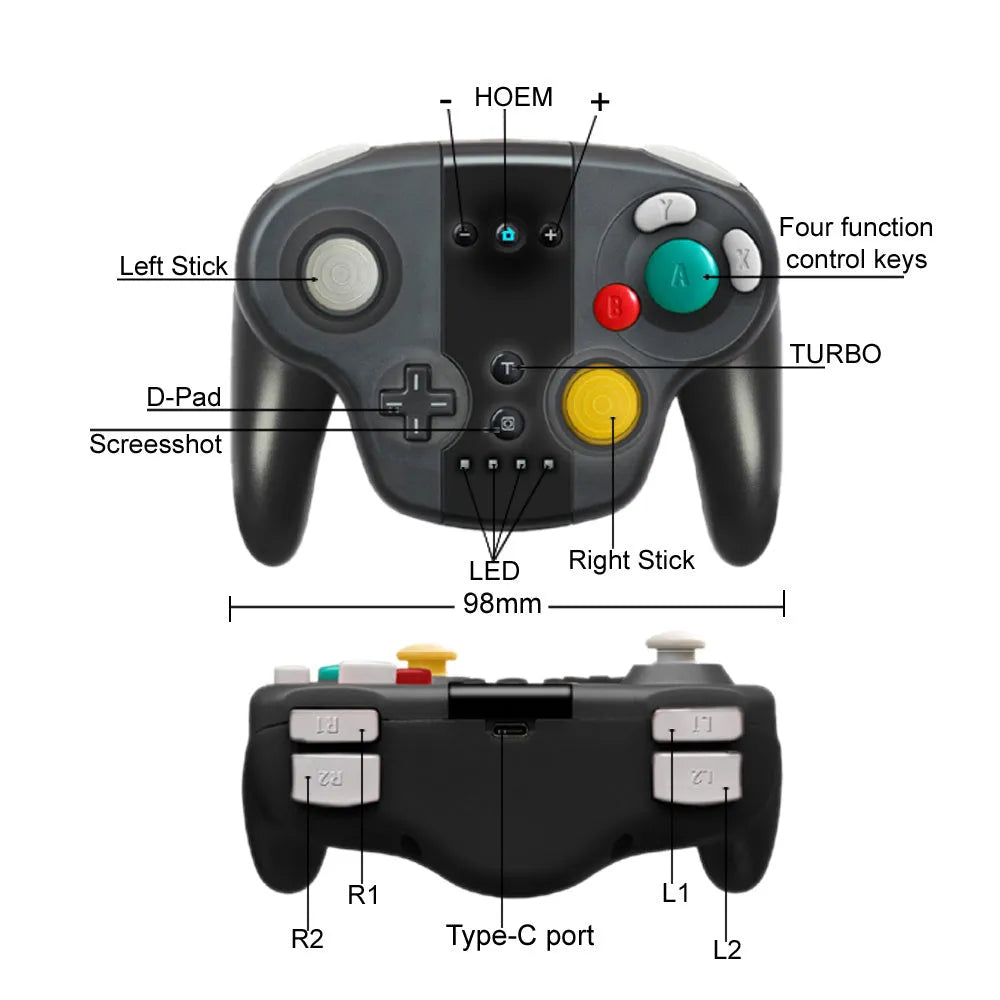 Black wireless gamepad controller with NFC for Nintendo Switch and Windows PC