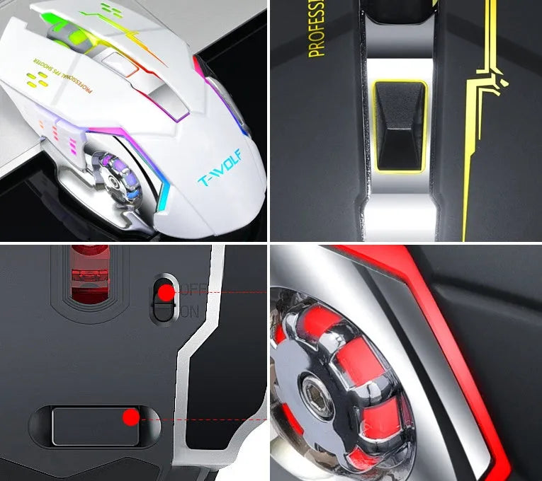 Black and white silent wireless mouse with six buttons showing wireless receiver