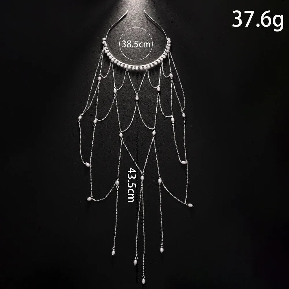 Mesh tassel hair chain with pearl decoration in gold or silver colour