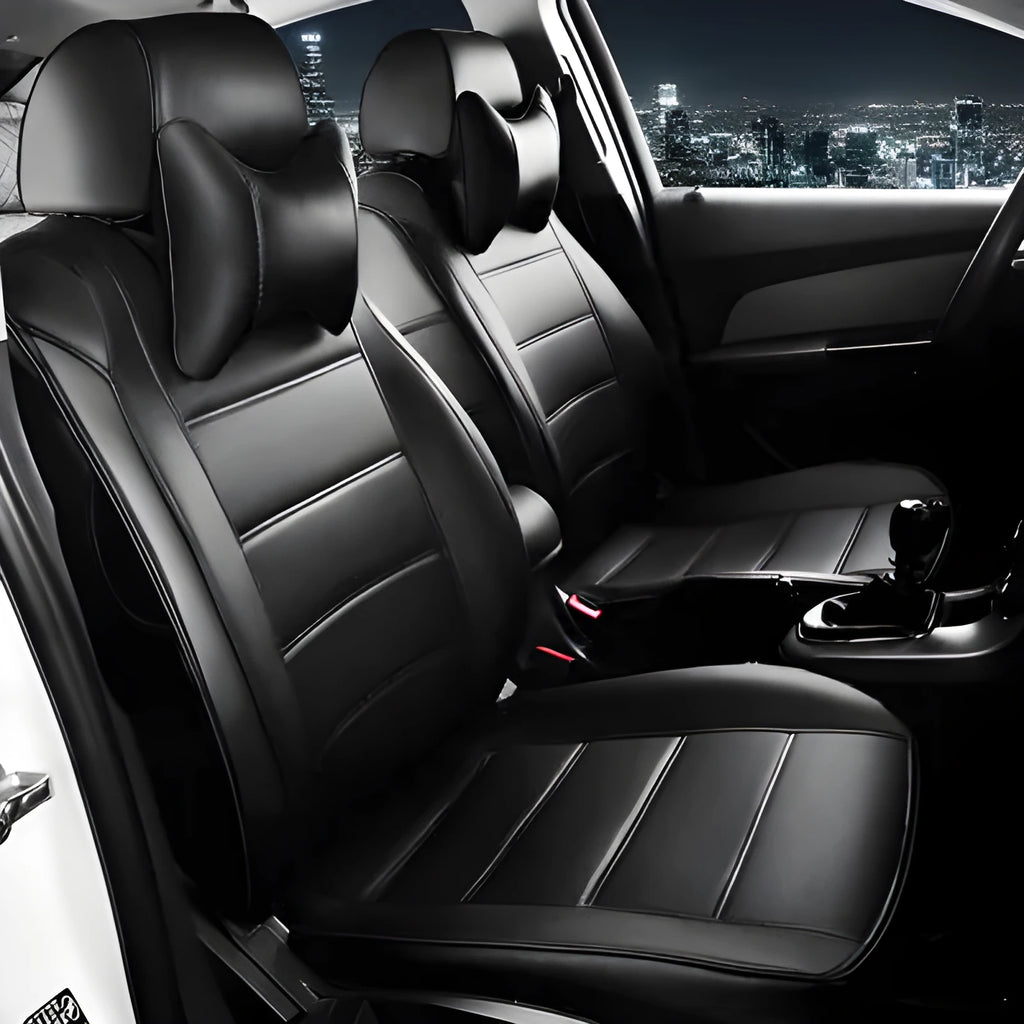 Cow leather car seat cover in beige and black with red colour options showing binding style construction