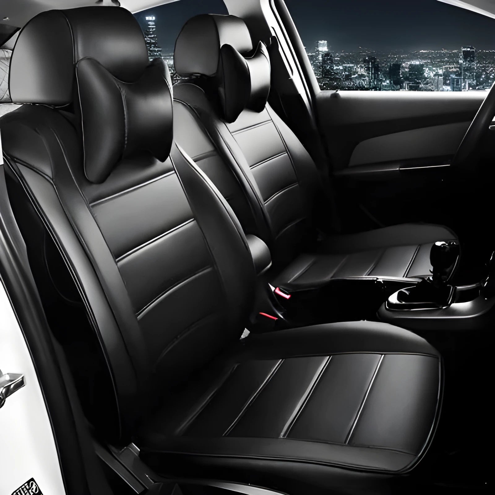Cow leather car seat cover in beige and black with red colour options showing binding style construction