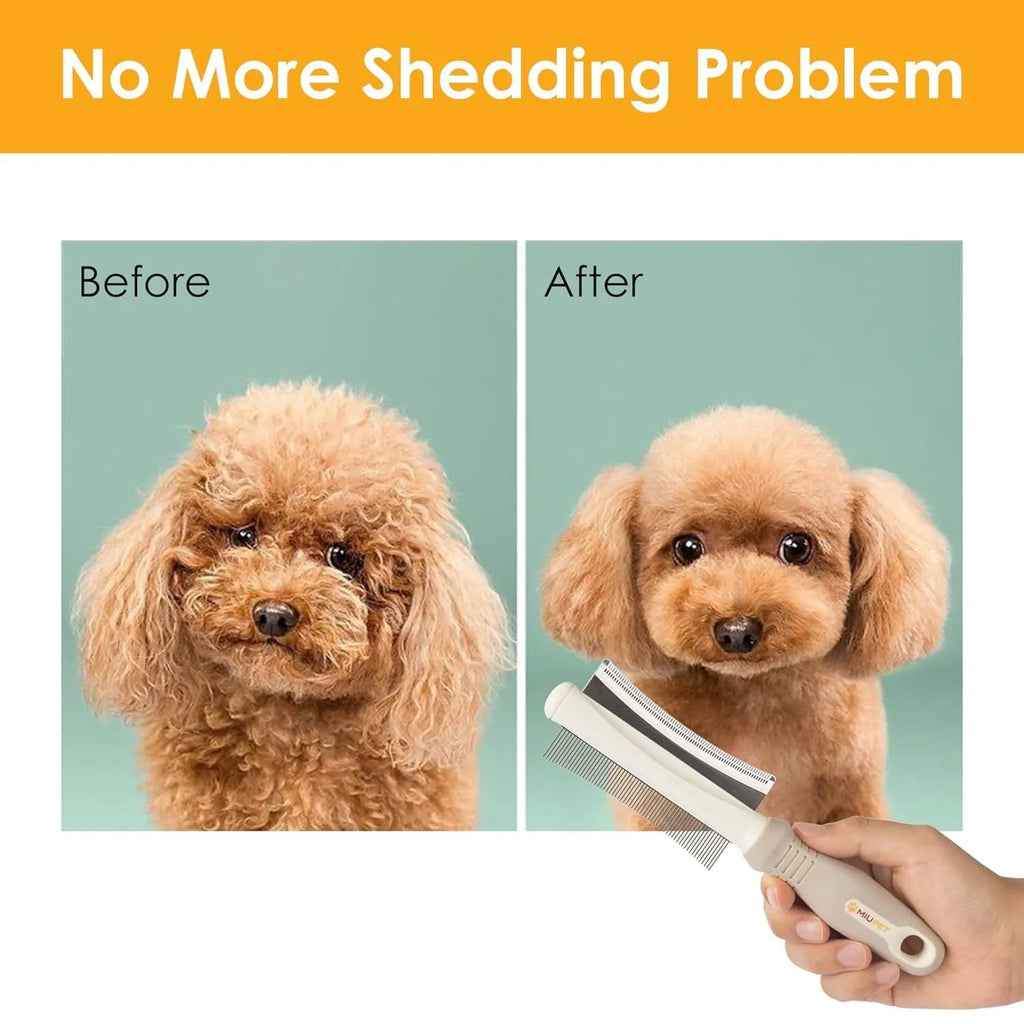 White double-sided dog and cat brush with curved comb and deshedding bristles on an ergonomic handle.