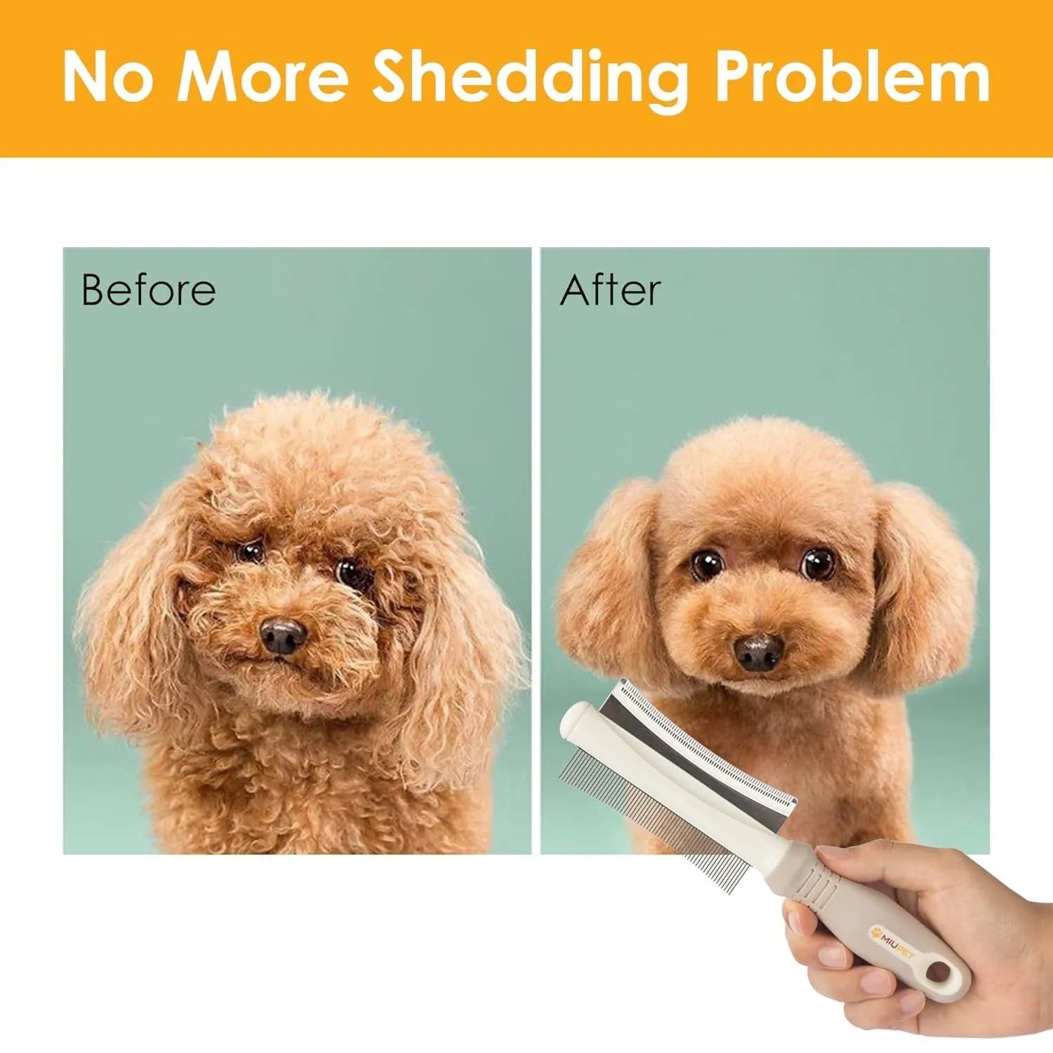 White double-sided dog and cat brush with curved comb and deshedding bristles on an ergonomic handle.