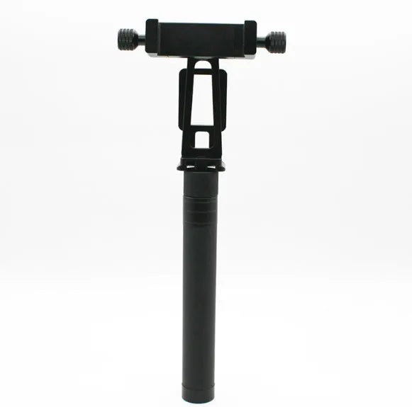 Black retractable selfie stick with adjustable phone mount extended to full length