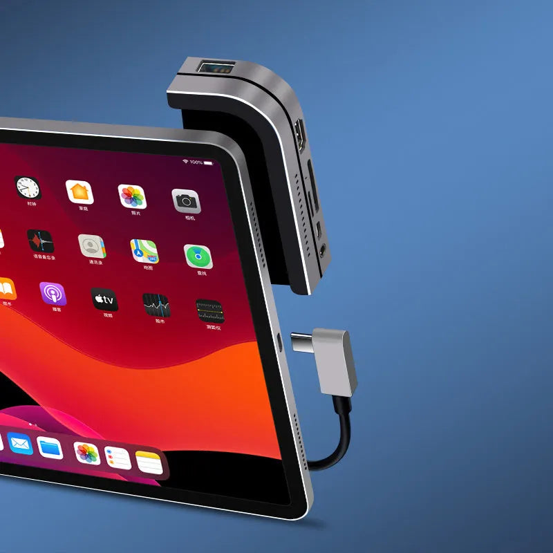 Silver aluminium grey USB-C docking station for iPad Pro with HDMI port and card readers