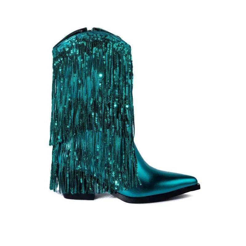 Women's black chunky heel tassel boots with super high stiletto heel