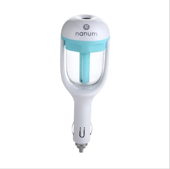 Compact blue car humidifier with 180-degree rotation for vehicle air freshening and humidification