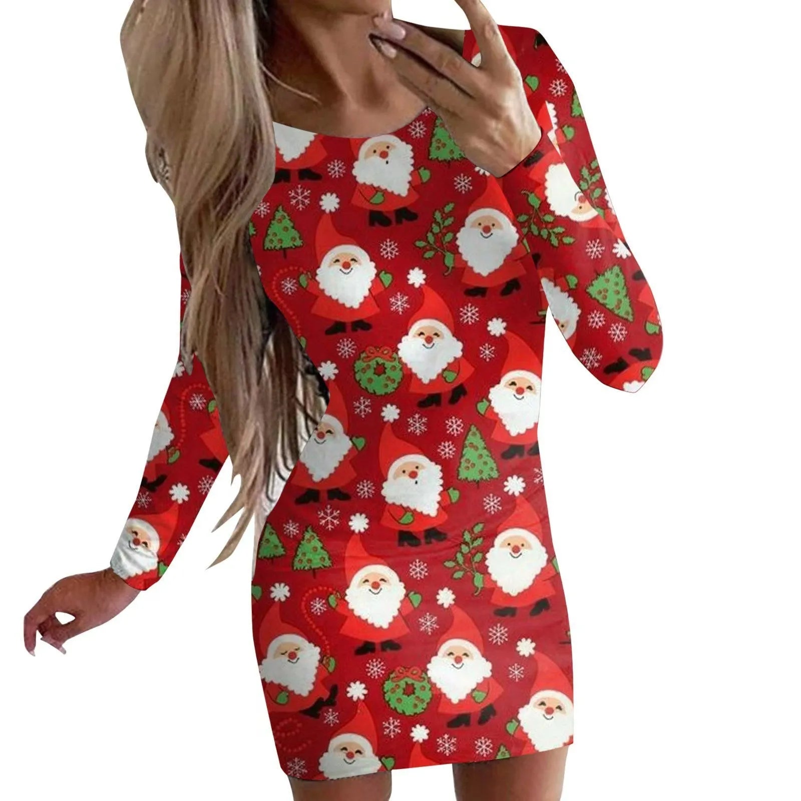 Animal print Christmas dress with round neck and long sleeves in floral pattern colours
