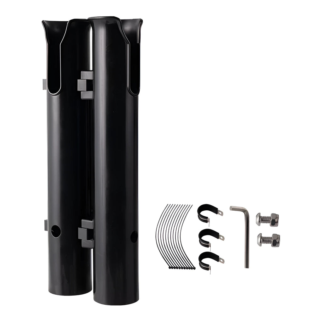 Plastic fishing rod rack with double-layer frame and pipe clamp for bicycle and motorcycle mounting