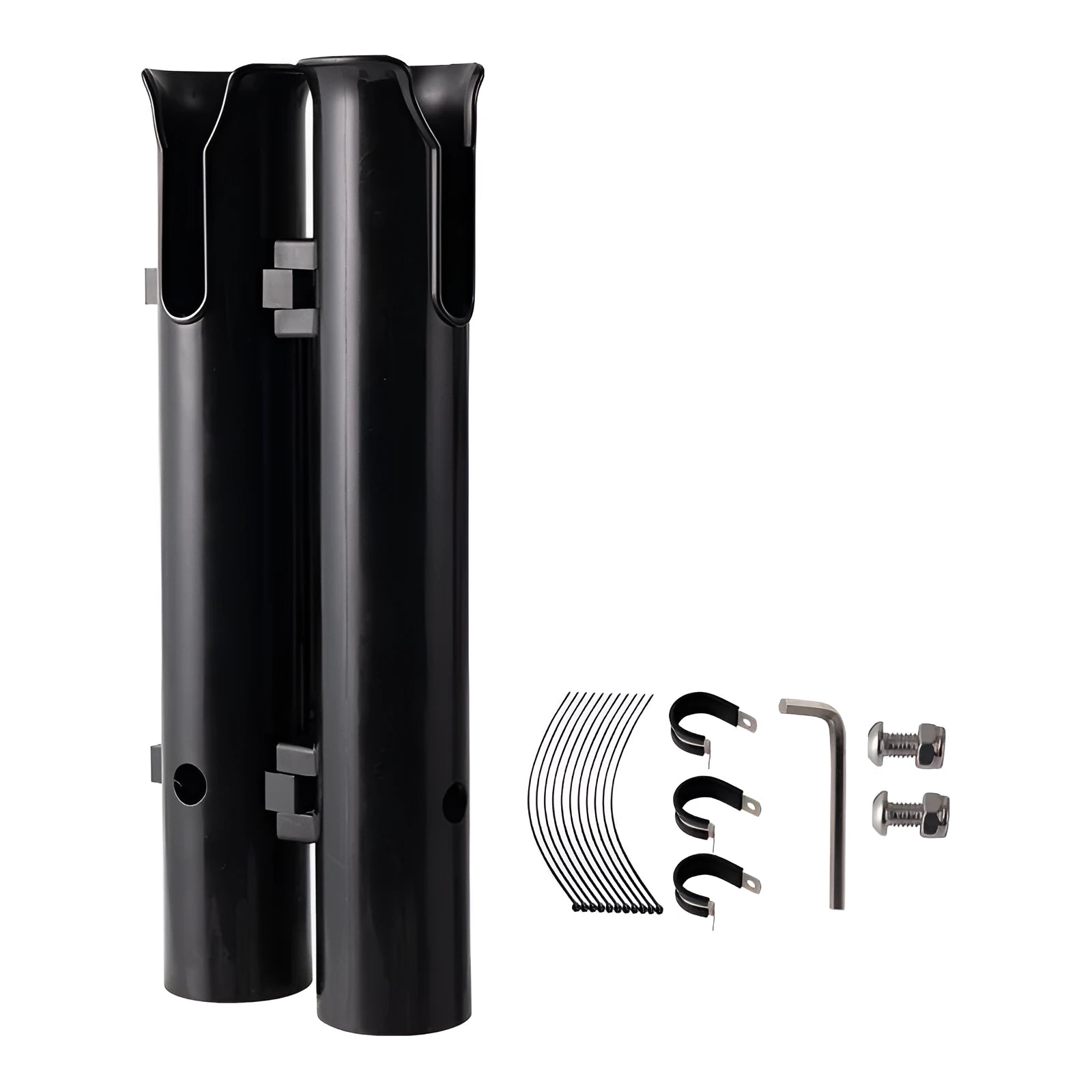 Plastic fishing rod rack with double-layer frame and pipe clamp for bicycle and motorcycle mounting