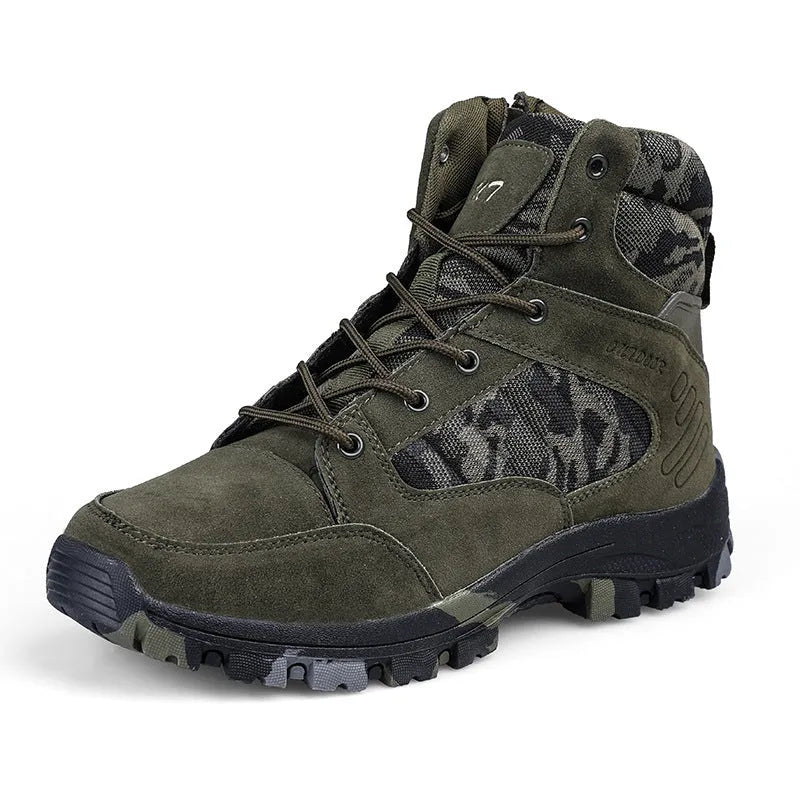 Men's black high-top hiking shoes with artificial PU upper and metal details for outdoor travel.