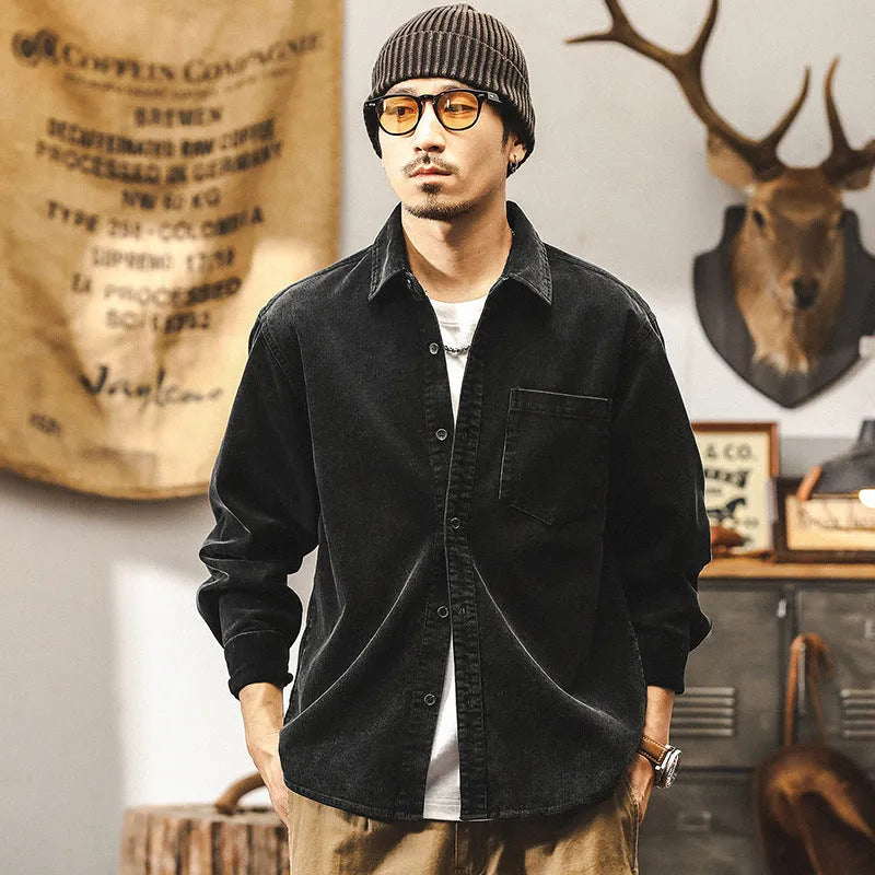 Men's retro corduroy shirt jacket in red or black colours with loose fit design