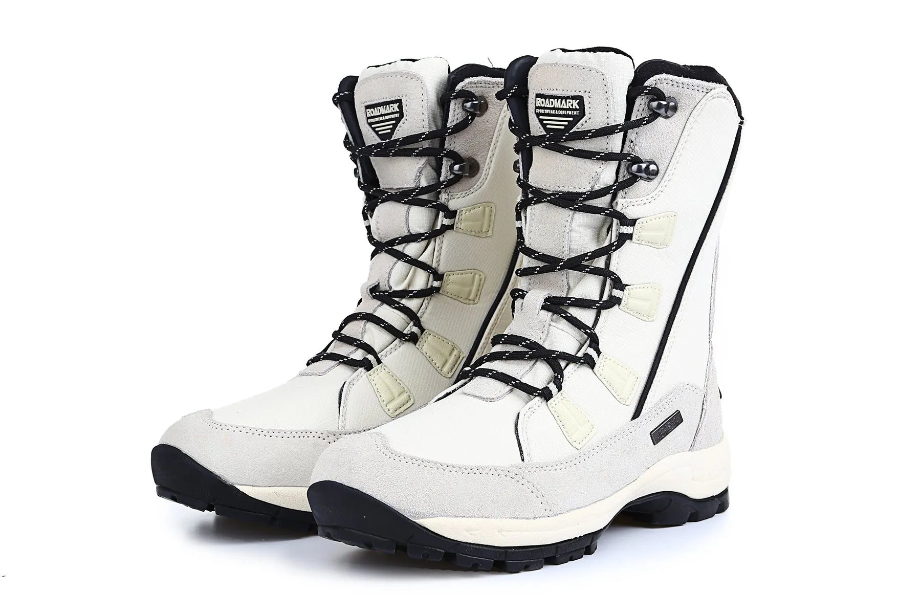 Women's black genuine leather mid-calf thermal snow boots with a rubber sole.