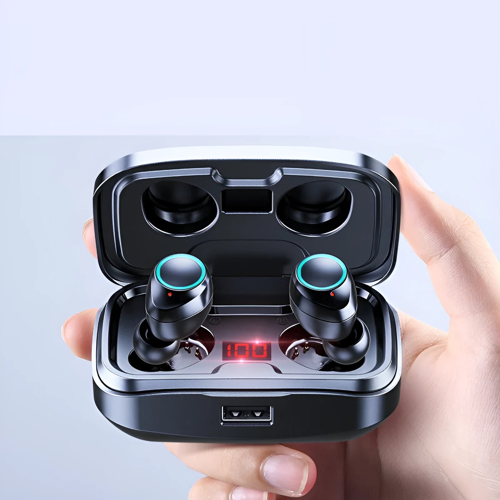 Wireless Bluetooth 5.0 in-ear earphones in black, blue or red colours with earplug-type design