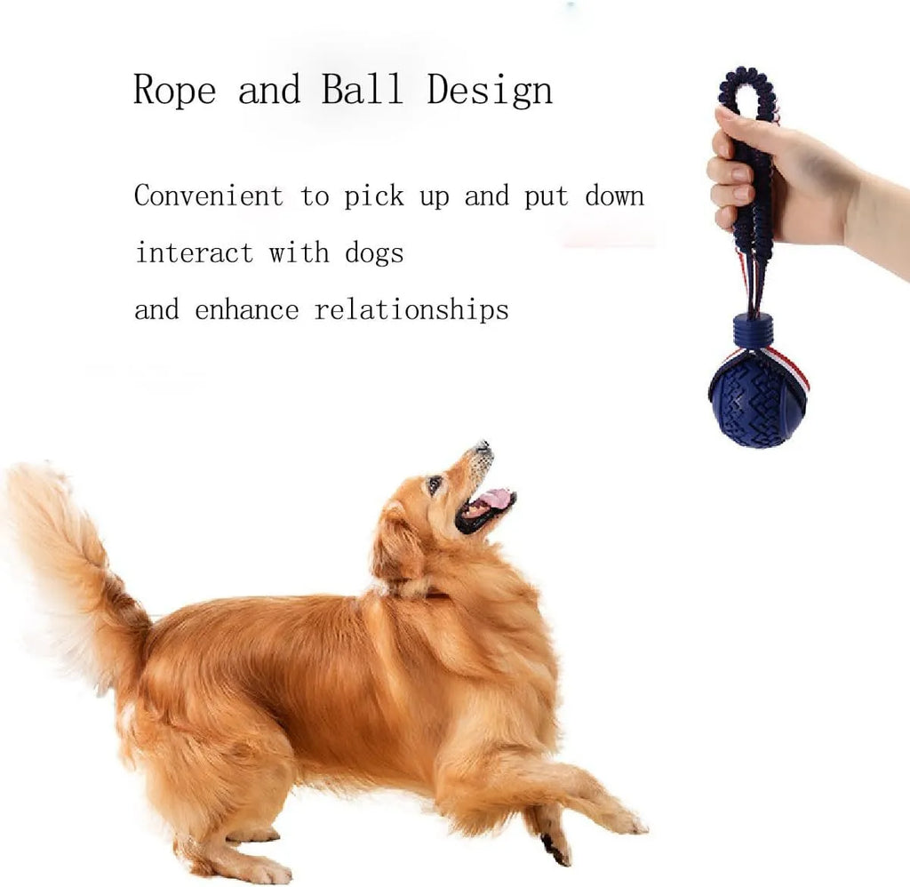 Blue dog ball with rope toy showing 29cm length and textured 6.5cm rubber ball