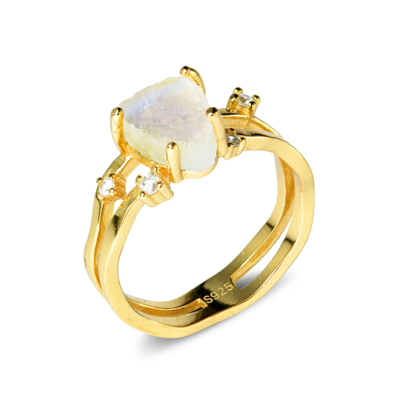 S925 sterling silver irregular triangle ring with moonstone in choice of white, yellow or rose gold plating