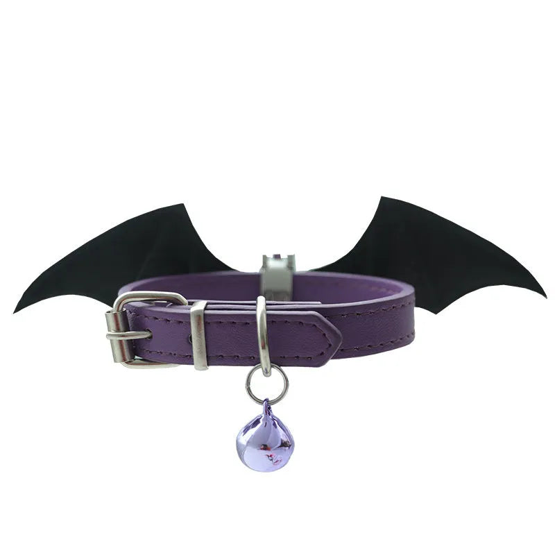 Leather BDSM collar with removable devil wings and bell in patent leather satin
