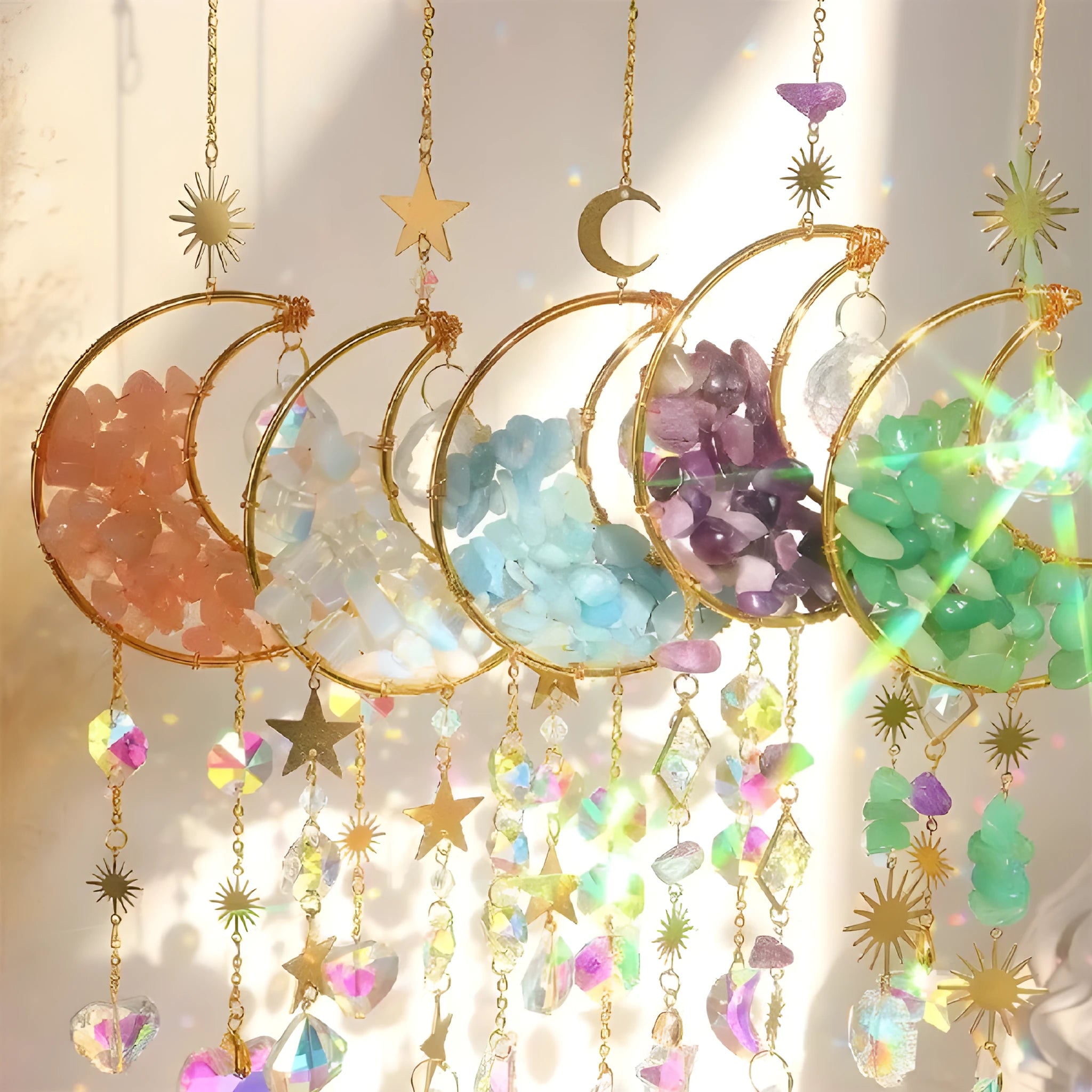 K9 crystal moon pendant on a metal chain for car interior decoration.