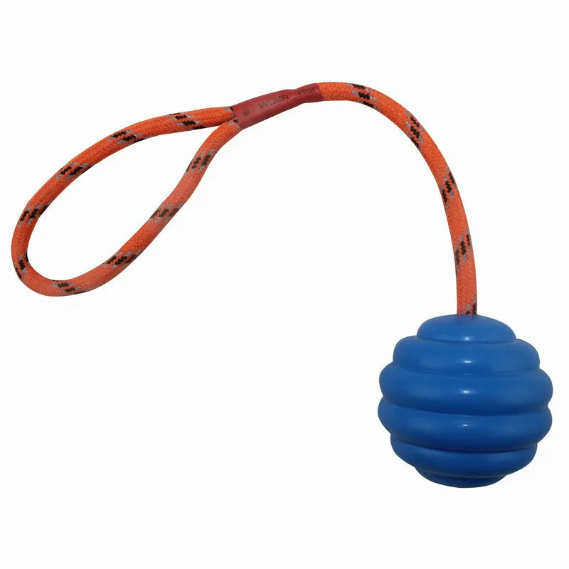 Multi-colour rubber dog toy ball with rope knot design measuring 6×30 cm
