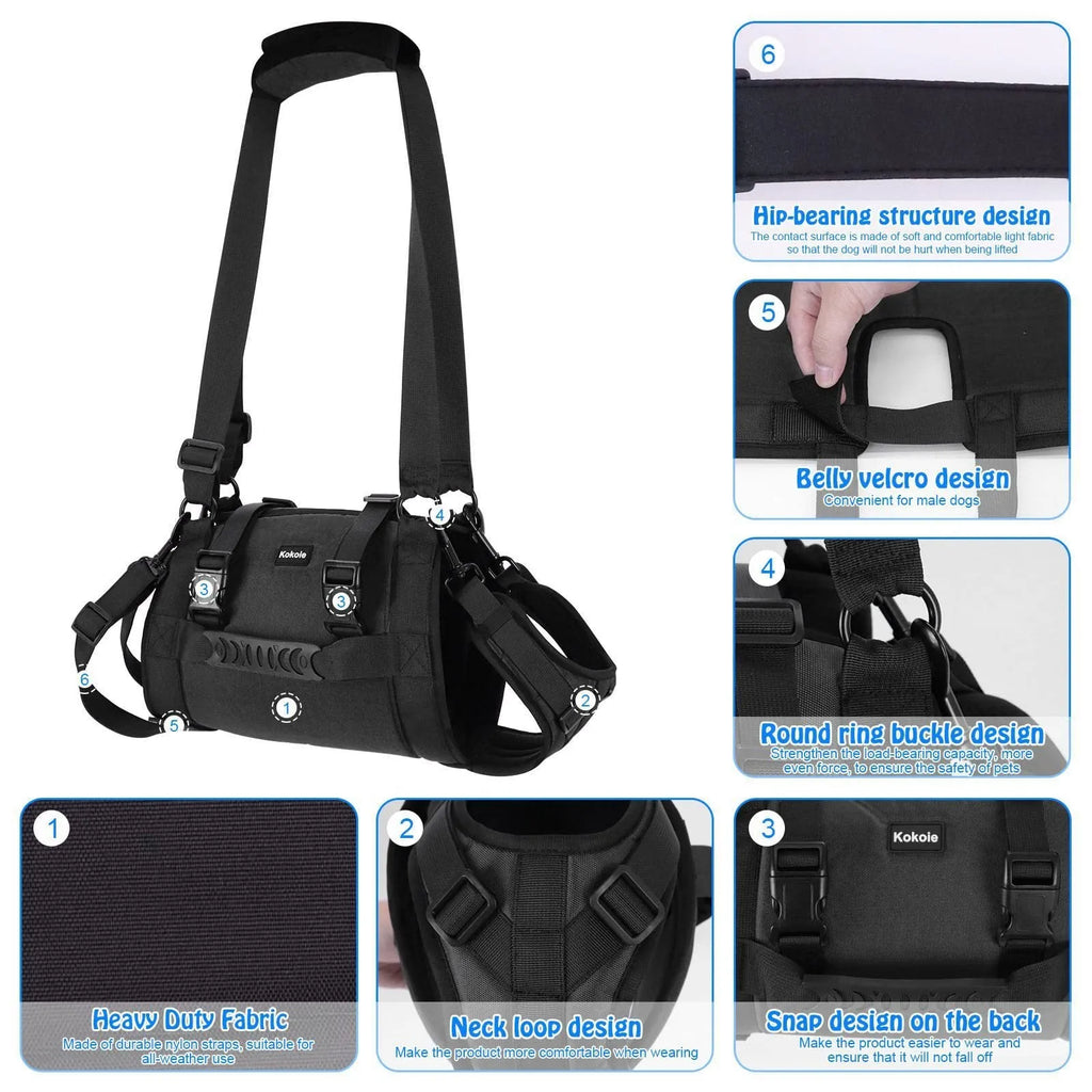 Black Oxford cloth dog harness with adjustable leg support shown in size options L, M, XL, XXL