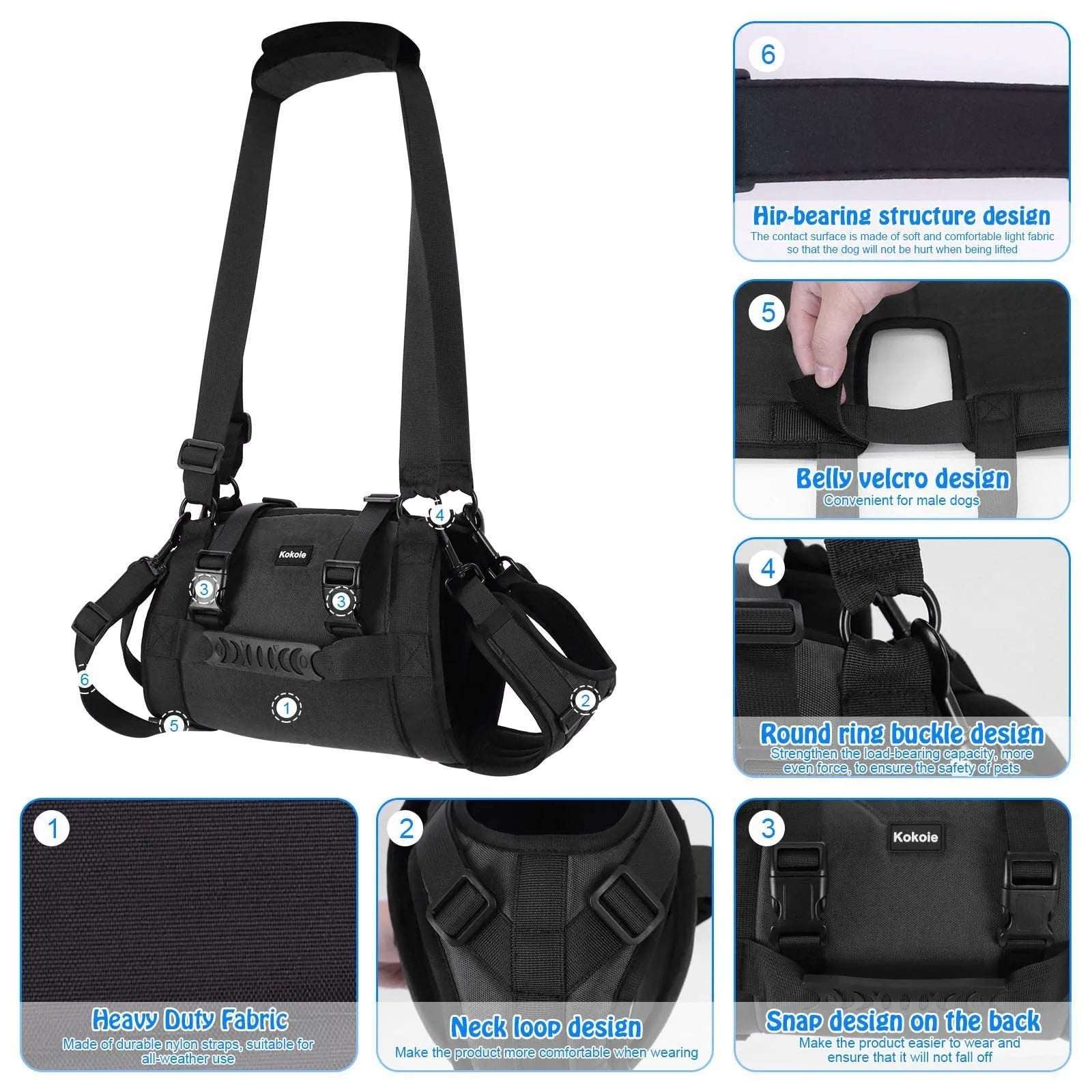 Black Oxford cloth dog harness with adjustable leg support shown in size options L, M, XL, XXL