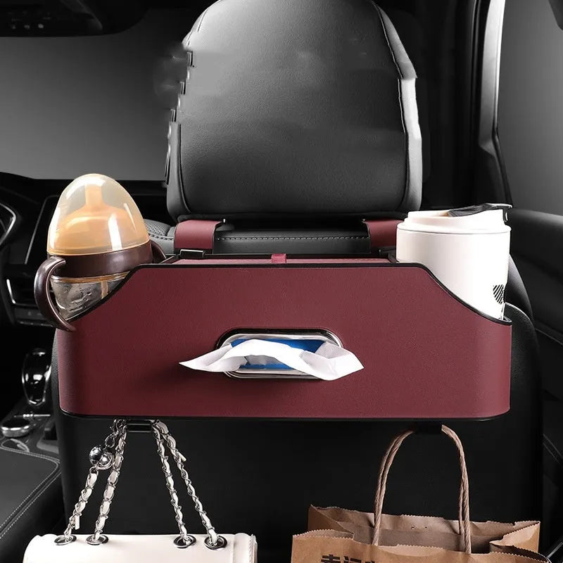Genuine leather car tissue box holder with cup holder and buggy storage compartments
