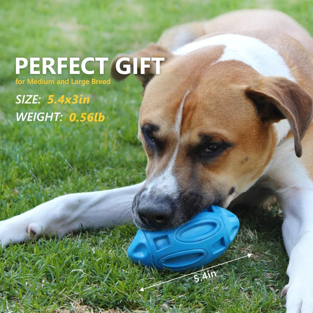 Blue natural rubber squeaky dog chew ball with surface grooves for medium and large breed dogs