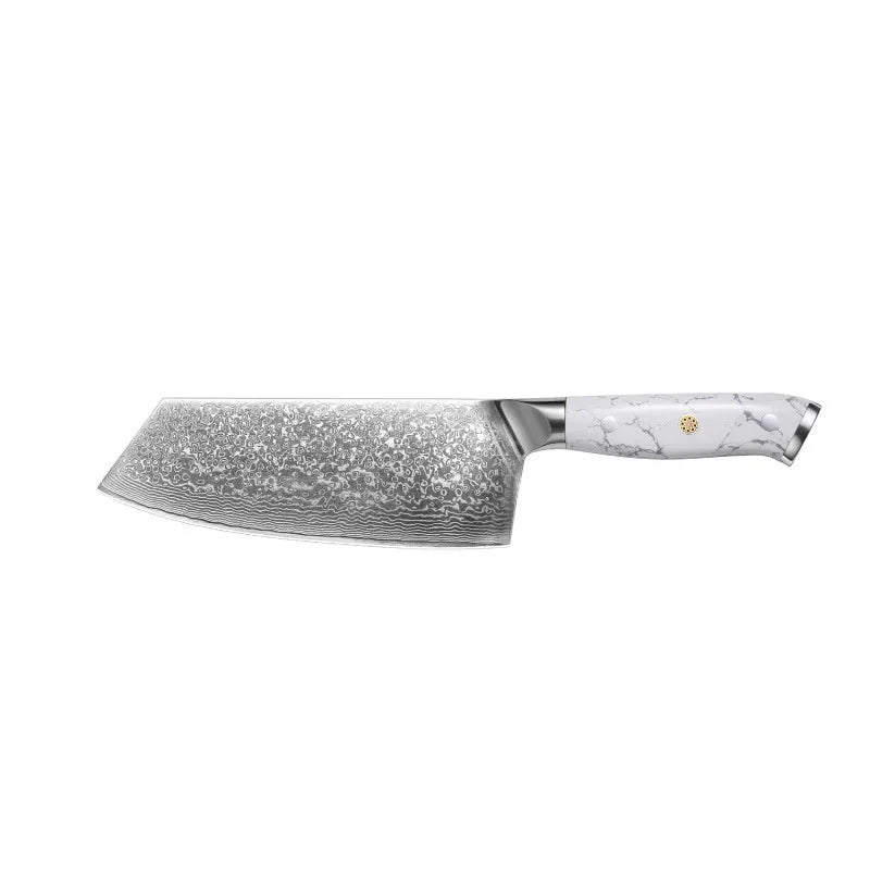 Damascus pattern chef's knife with 21cm VG10 steel blade and dark handle on a wooden surface.
