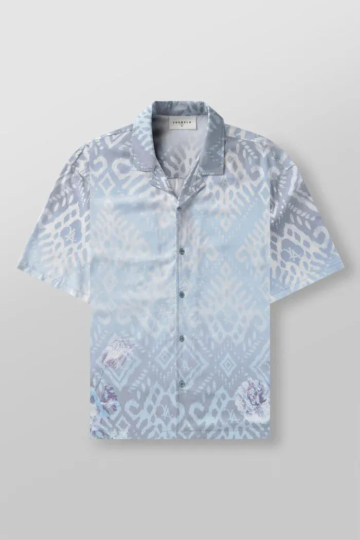 Men's loose fitting short sleeve top with floral print pattern in lightweight polyester fabric