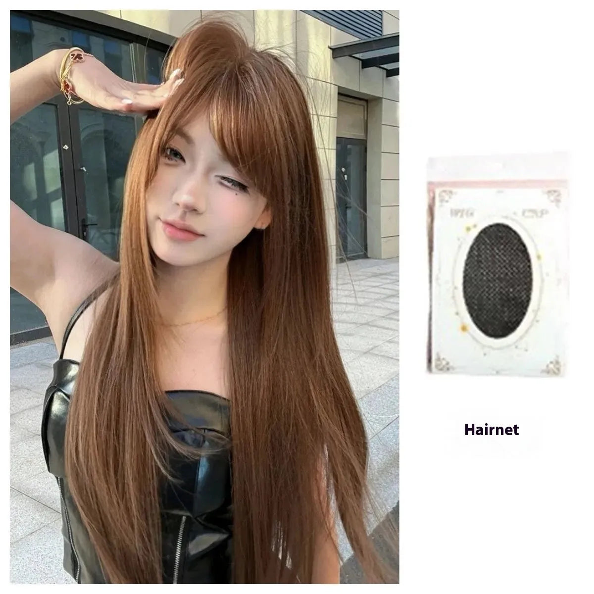 Warm brown long straight synthetic wig with bangs on display stand