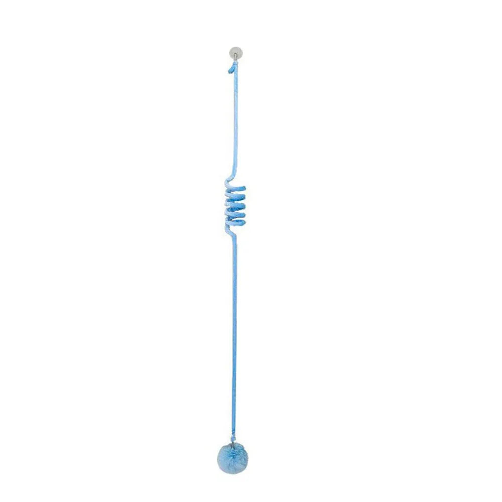 Colourful cat toy with spring bell stick and inflatable ball attached to a door by a suction cup