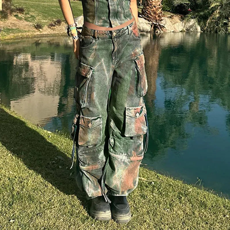 Loose fit cargo denim trousers with multiple gradient colour pockets and collage stitching details