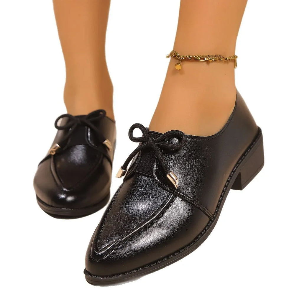 Women's British-style flat shoes with bow detail on PU upper and rubber sole