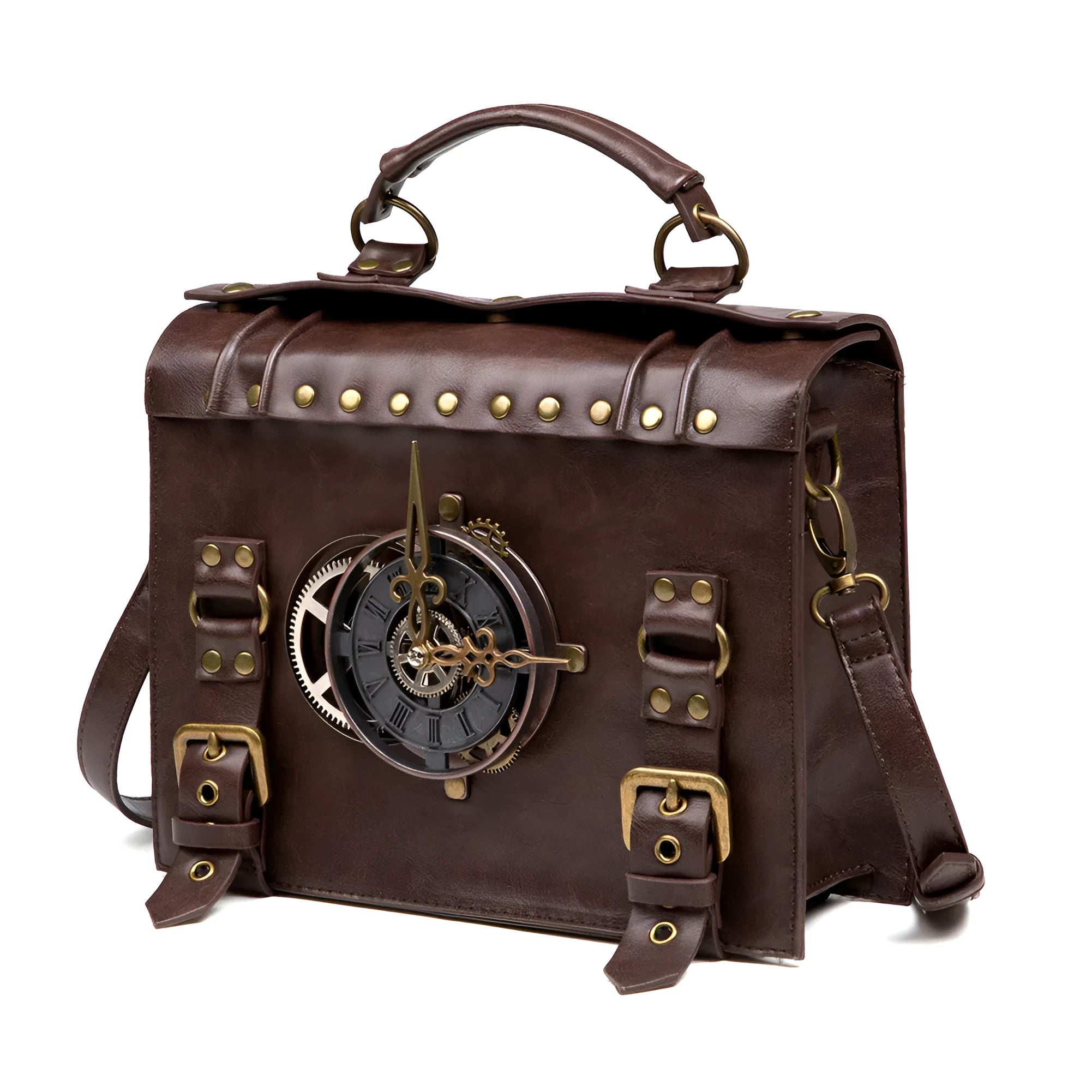 Bronze steampunk industrial retro style shoulder bag with metal details and pillow shape.