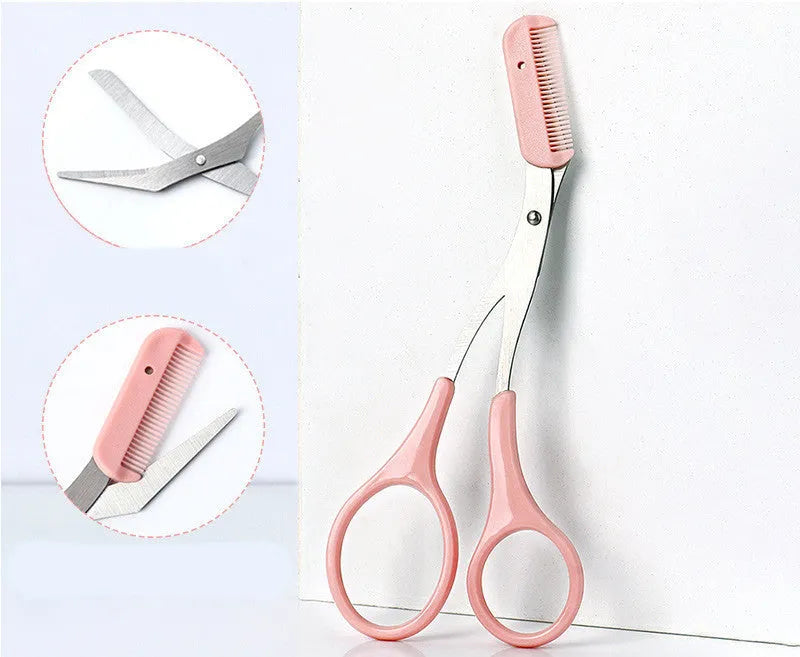 Curved moon eyebrow trimming knife with cutting comb in stainless steel and plastic construction