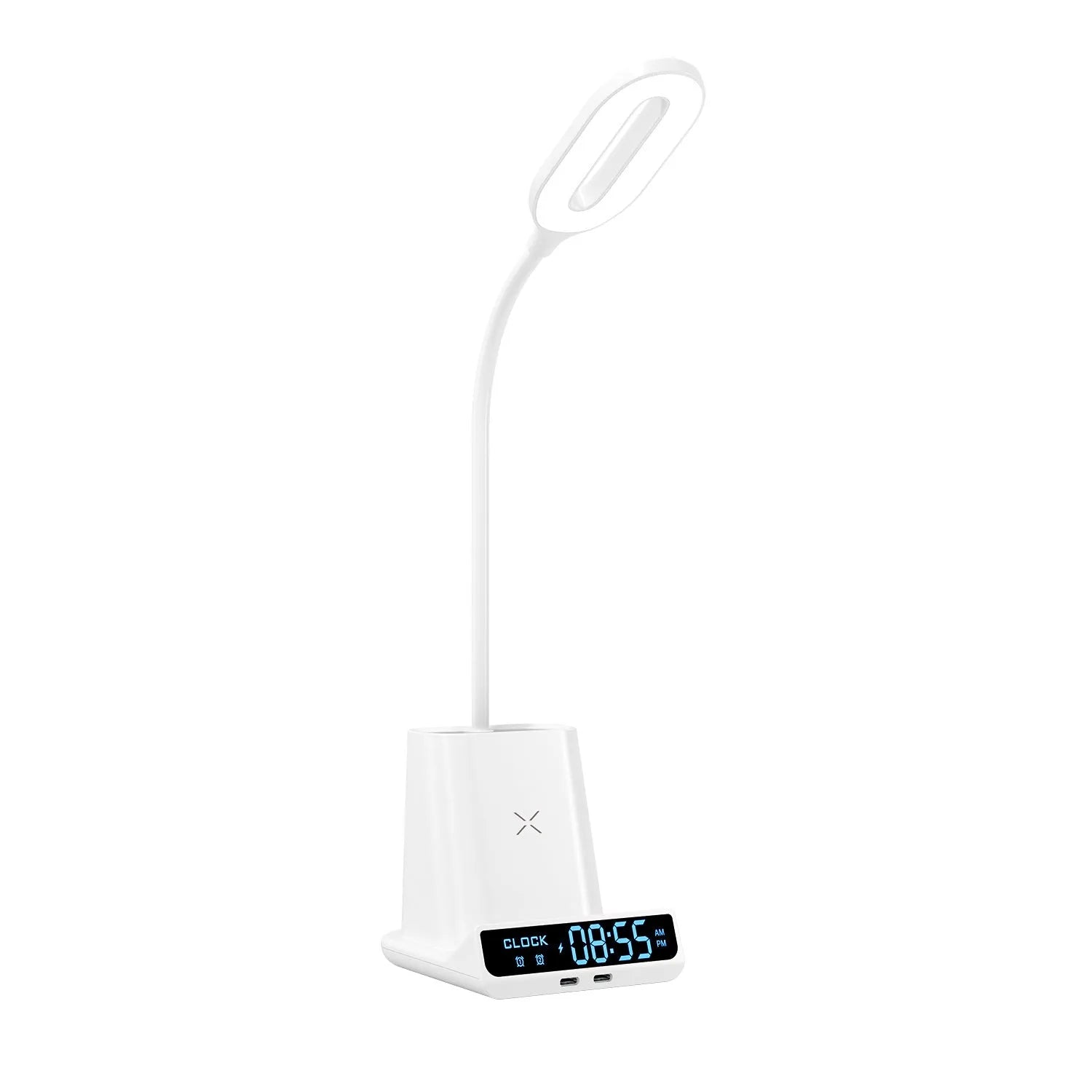 Modern desk lamp with wireless charging surface and integrated pen holder storage compartment