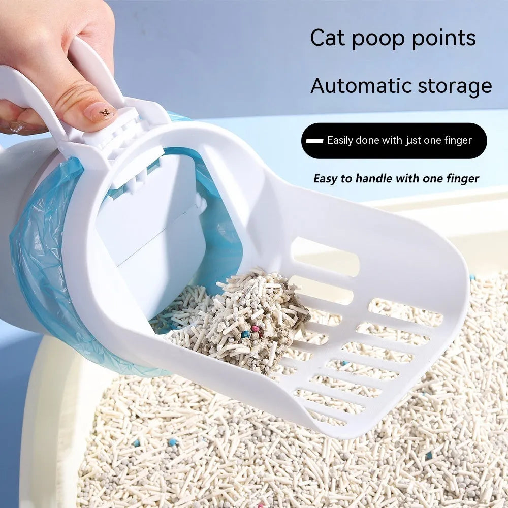 Grey foldable cat litter scoop and bin system with non-slip handle next to a litter box.