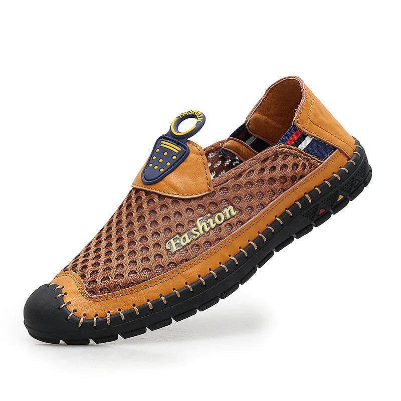 Men's brown casual mesh shoes with round toe, stitching detail, and a rubber sole.