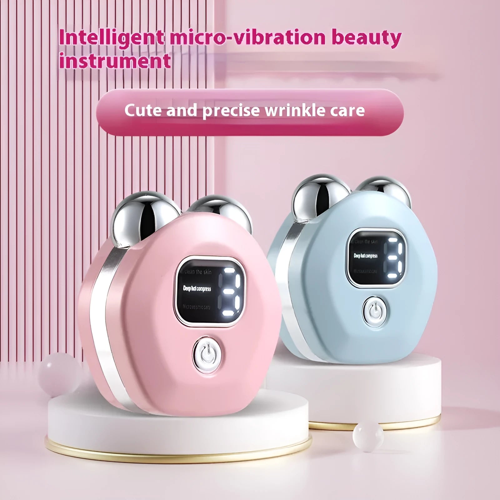 Portable hot compress charging massage instrument with micro current double rollers in white, light blue, or pink