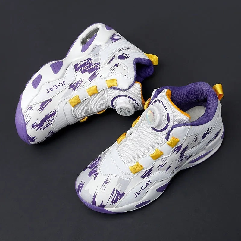 Children's basketball shoes with rotating button fastening in multiple colour options
