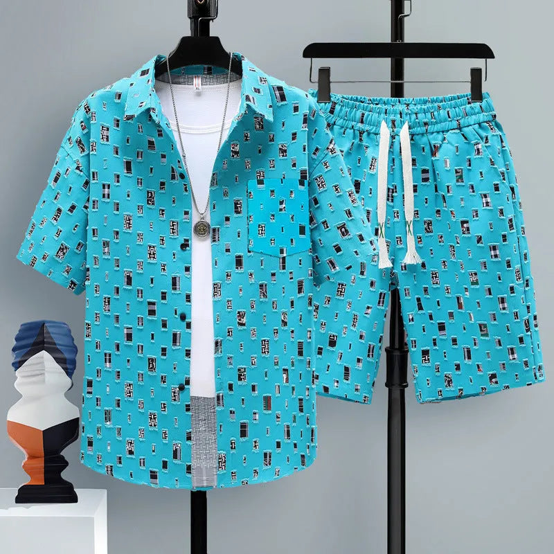 Men's casual sportswear two-piece set with short sleeve top and matching shorts in polyester fabric