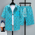 Men's casual sportswear two-piece set with short sleeve top and matching shorts in polyester fabric